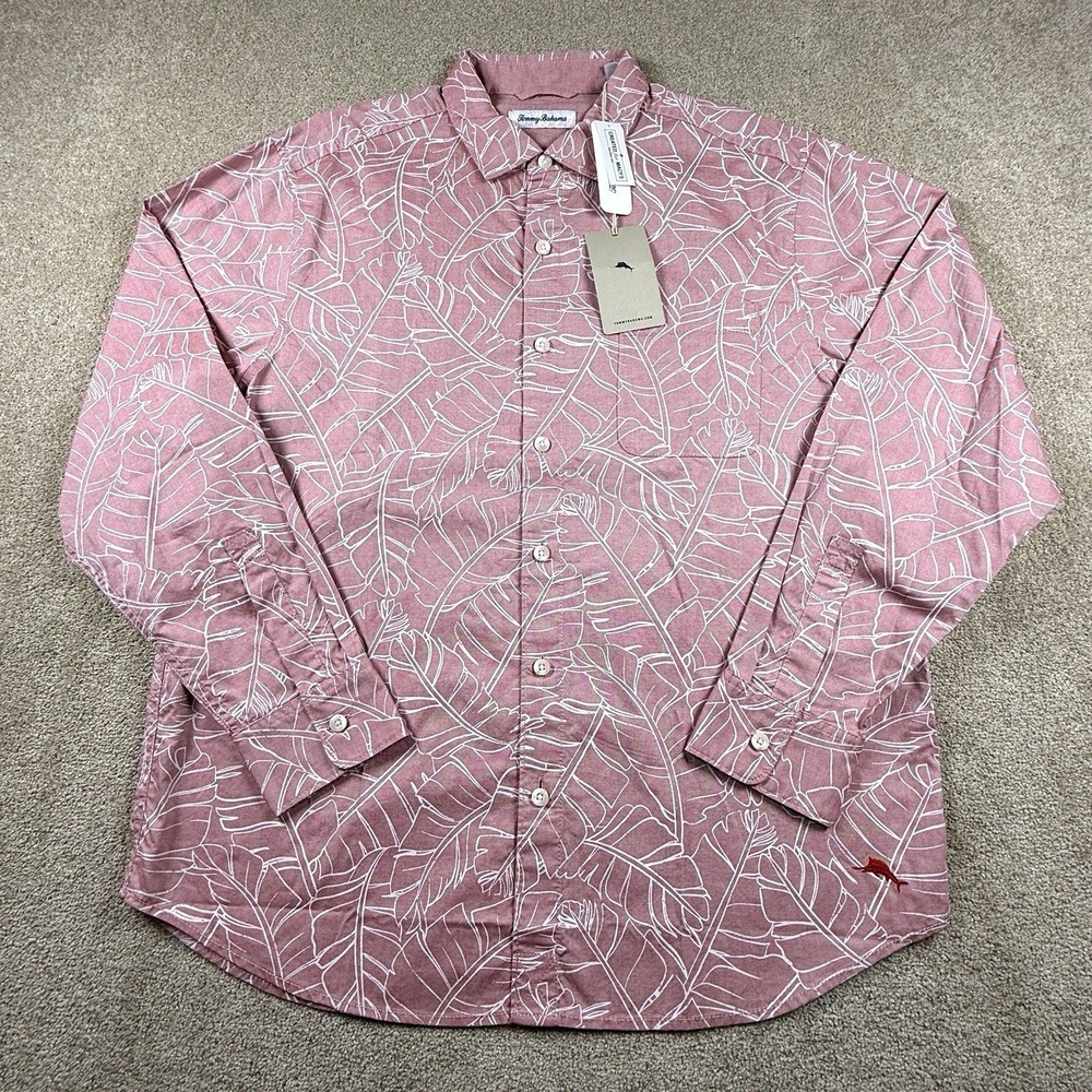 Tommy Bahama Men's Large Pink Feather Skies Cotton Chambray Shirt Spicy Clay - Picture 2 of 6